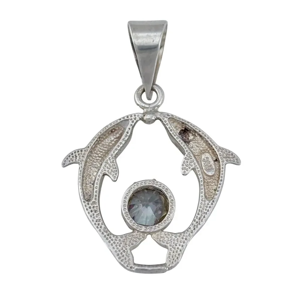 Vintage Sterling Silver 925 Green Opal Mystic Cubic Zirconia Dolphin Pendant